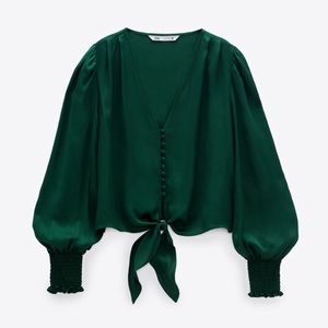 Zara Green Satin Blouse With Knot Detail. Brand New!